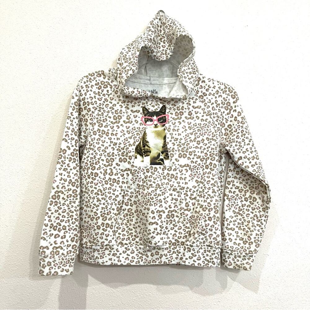 Little Pretties Animal Print Cat Kitty Glasses Graphic Hoodie Pink Tan - Large